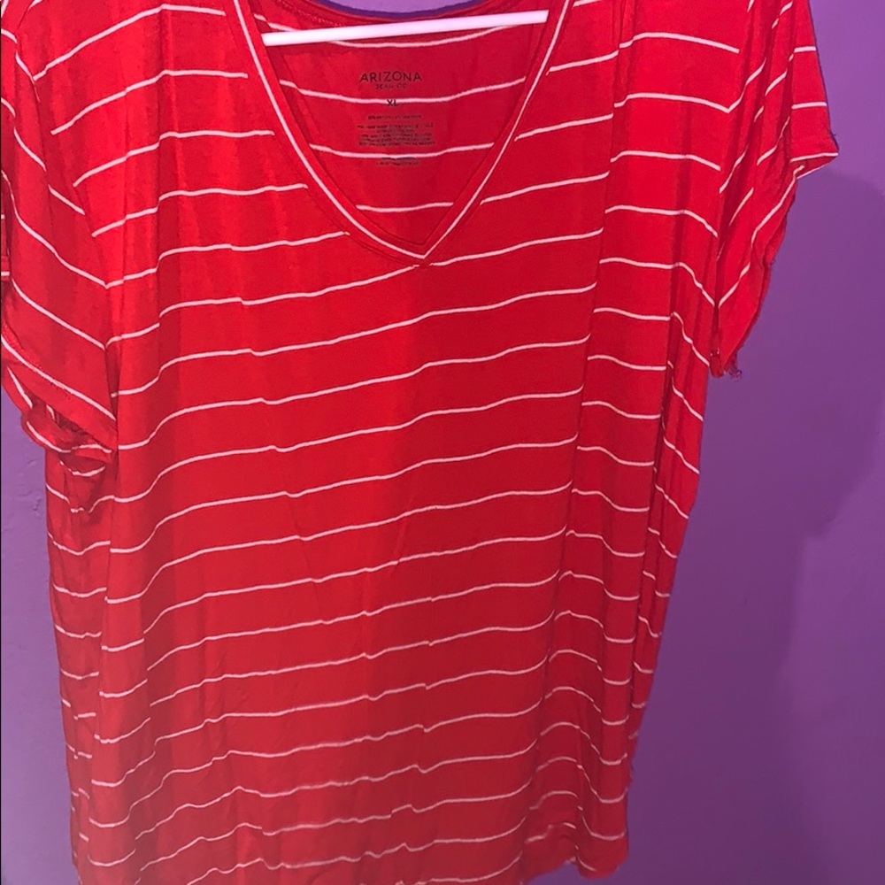 Red and white striped v-neck top